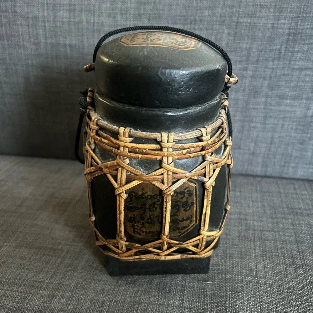 Vintage Thai Artisan Handmade Lacquered Bamboo Tea Rice Jar Storage Box #1220258